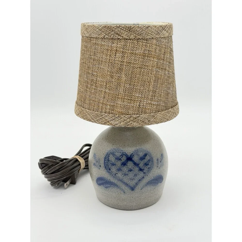 1997 Rowe Pottery salt-glazed stoneware accent lamp painted Blue Heart 8.5 Small